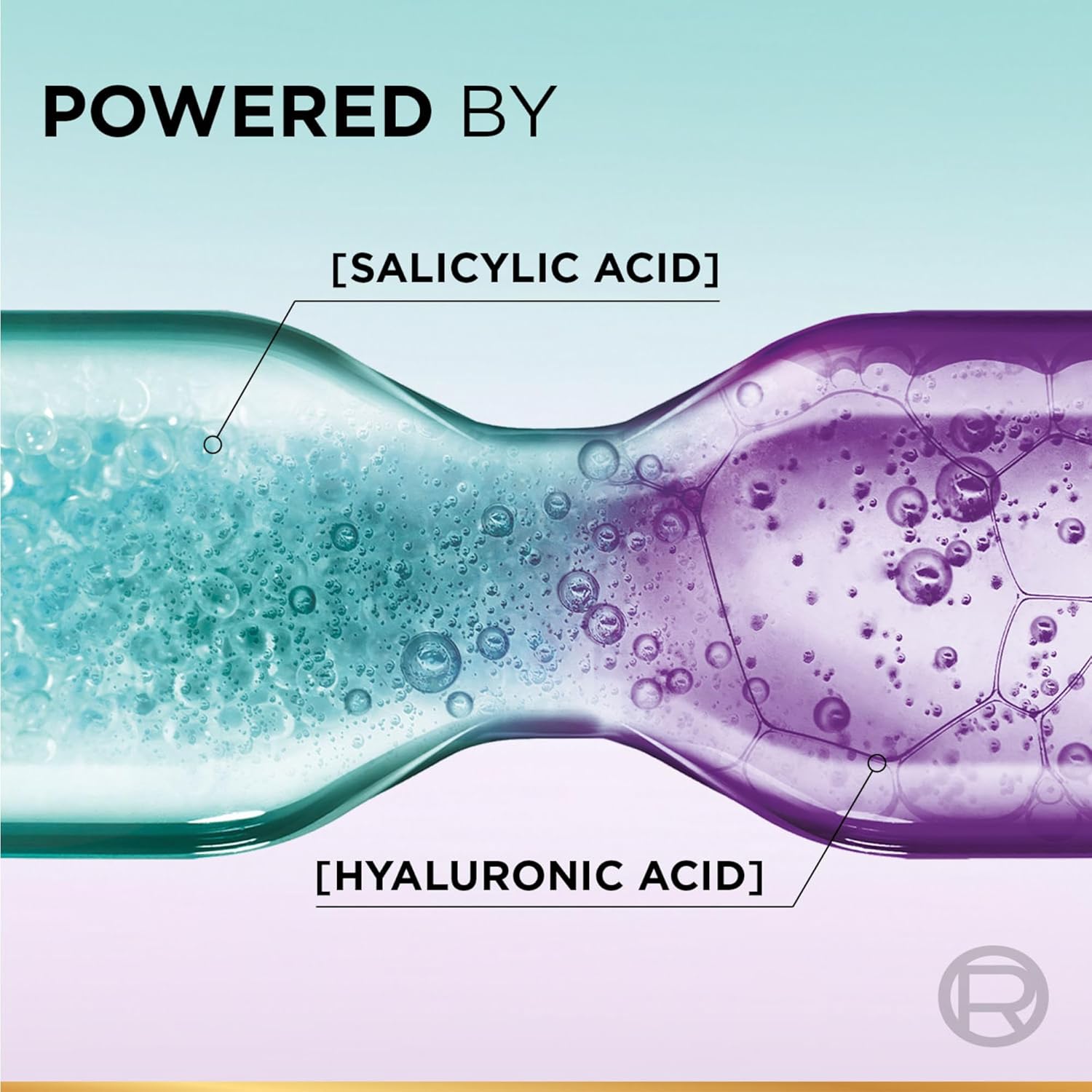 Bottle with blue and purple liquid labeled 'Powered by Salicylic Acid' and 'Hyaluronic Acid'.