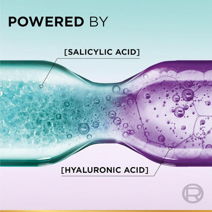 Bottle with blue and purple liquid labeled 'Powered by Salicylic Acid' and 'Hyaluronic Acid'.