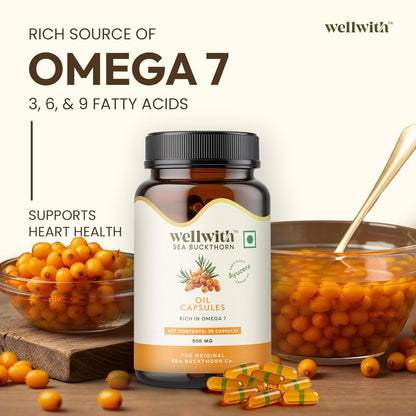 Wellwith (Ayuzera) Sea Buckthorn Berry Oil Vegan Omega 7 500mg, 30 Veg HPMC Capsules (Pack of 1), 15-Day Supply| Sea buckthorn capsules rich In Omega 3, 6, 7 & 9 For Muscle, Bone, Heart & Skin