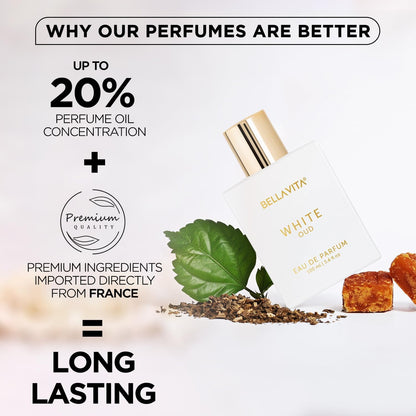 Bellavita White Oud perfume bottle with leaf and sandalwood, text highlighting product features.