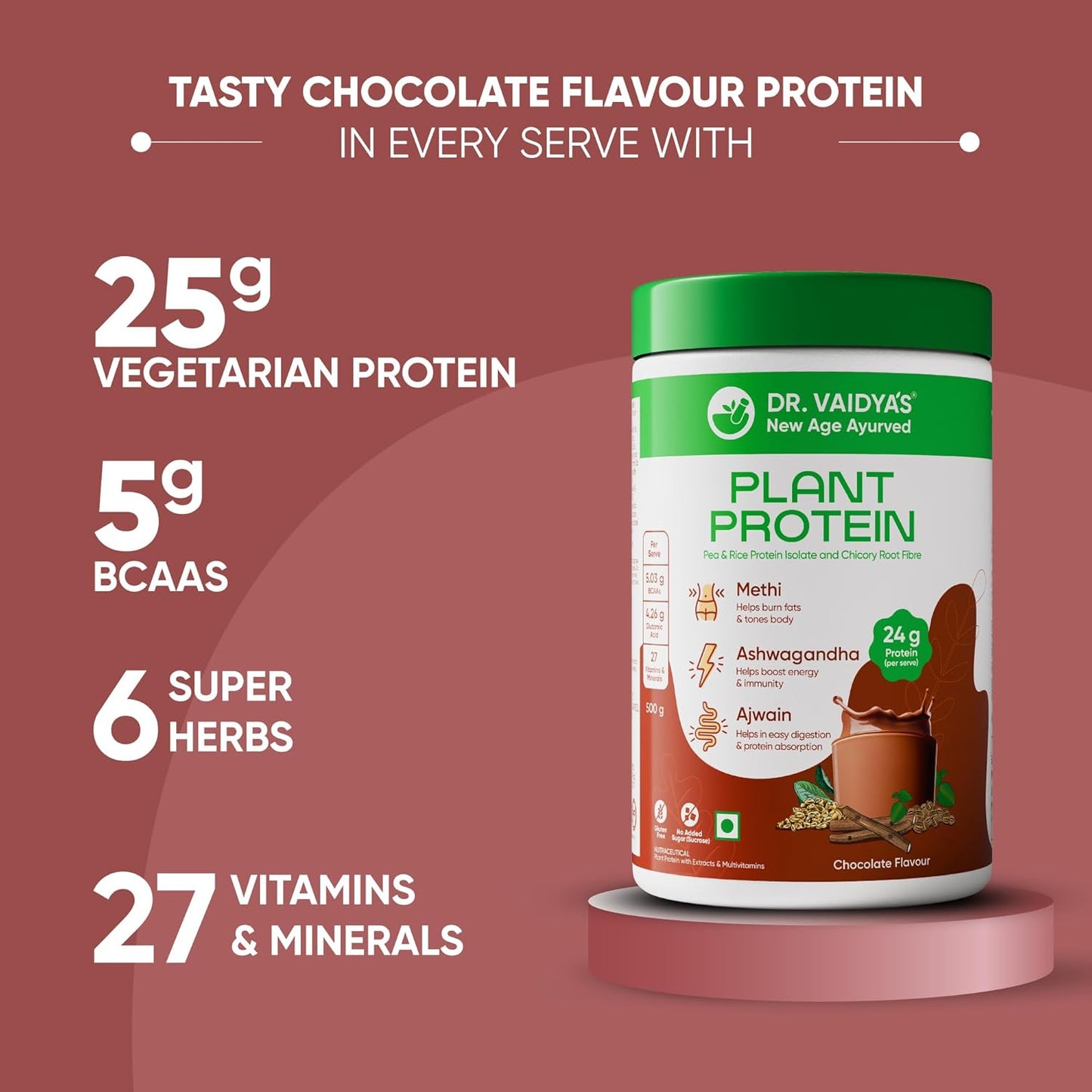 Dr. Vaidya’s Plant Protein Powder | Ayurvedic Pea Protein with Ashwagandha, Methi & Ajwain | 25g Protein per Serving | Muscle Gain, Energy & Weight Loss | 500g Chocolate Flavour