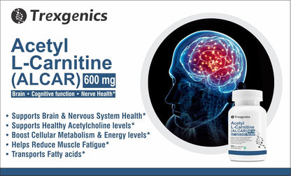Advertisement for Trexgenics Acetyl L-Carnitine supplement with brain illustration and product packaging.