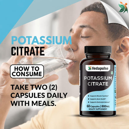 Vedapulse Potassium Citrate Capsules | Health Supplement | 800 mg Elemental Potassium per Serving | 60 Capsules