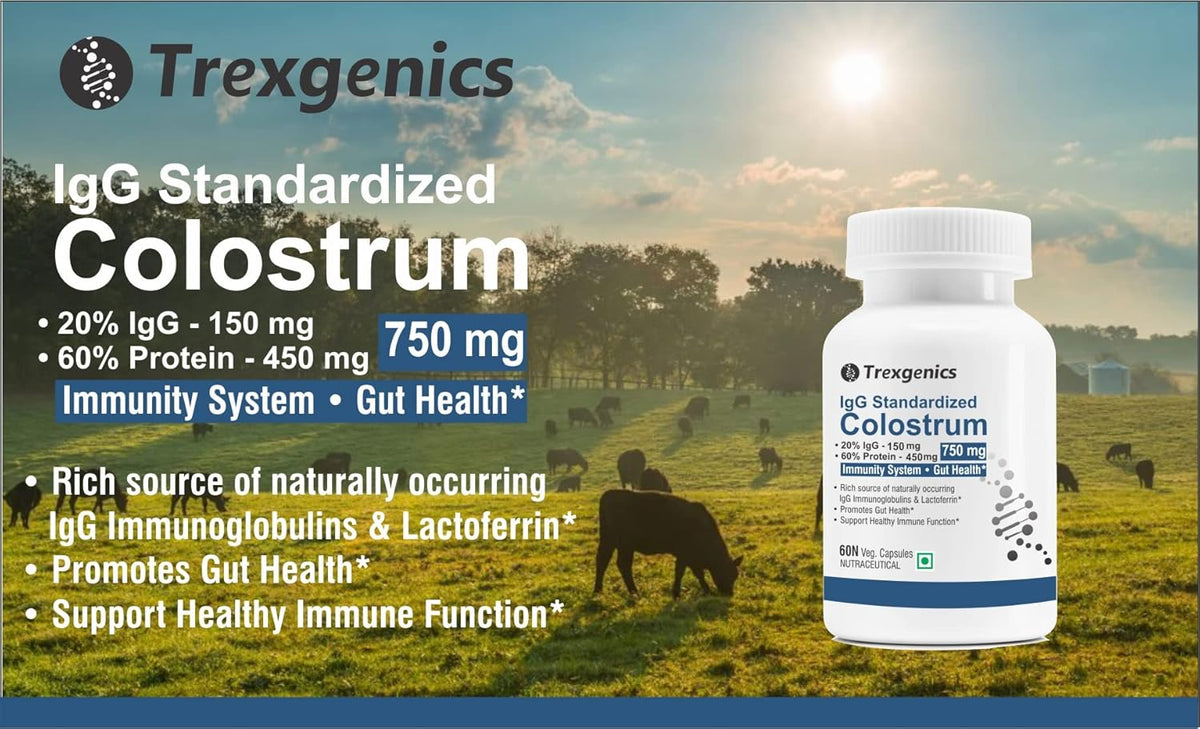 Trexgenics IgG Standardized Colostrum supplement bottle with a scenic background of cows in a field.