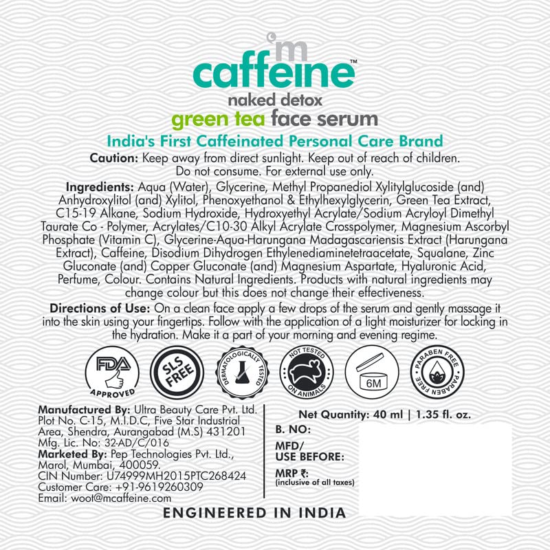 Caffeine green tea face serum label with product details and branding on a white background