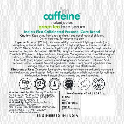 Caffeine green tea face serum label with product details and branding on a white background