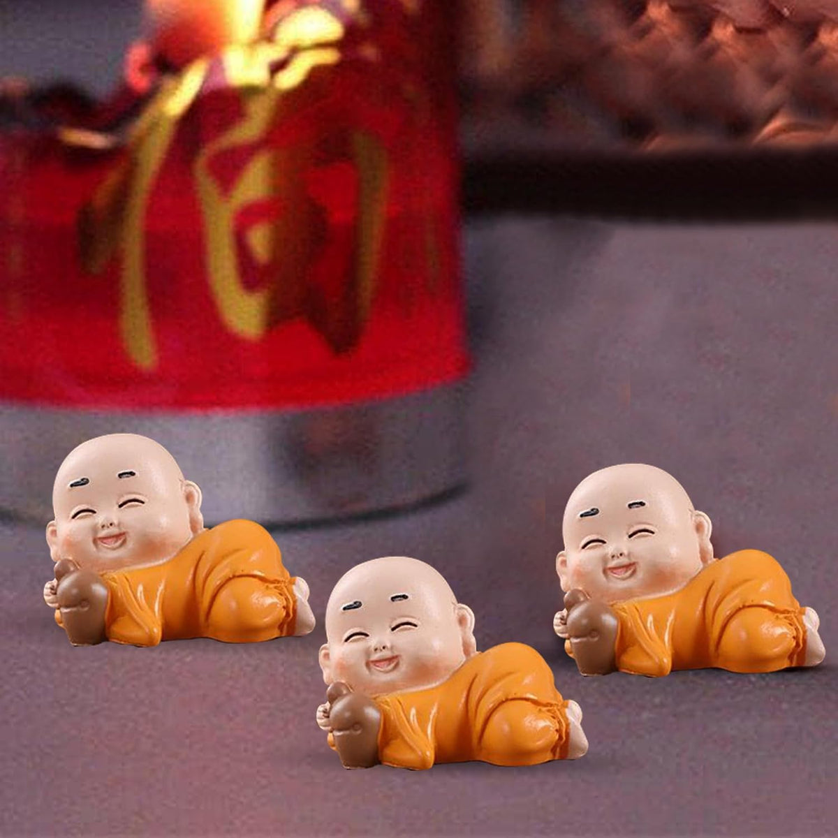 Little Cute Buddha for Table Decor | Home Decor (Pack of 3, Orange)