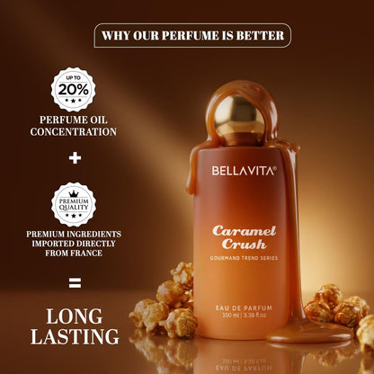 BELLAVITA Caramel Crush | Long Lasting EDP | 100ml | Perfume for Man | Perfume for Woman | Smells Like a Snack | Caramel, Vanilla, Honey, Coconut & Musk | Premium Unisex Gourmand Fragrance