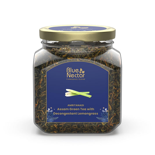 Blue Nectar Decongestant Lemongrass Green Tea Loose Leaves, Sourced from Assam Tea Garden | Eco Friendly Glass Jars with Green Tea Infuser (65g)