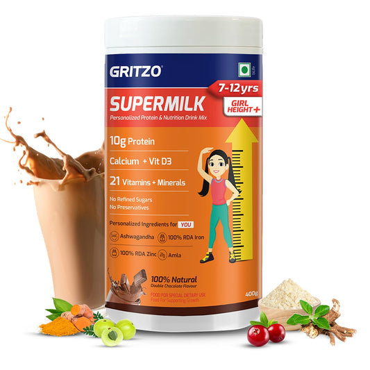 Gritzo SuperMilk Height+ (7-12y Girls), 10g Protein Powder (Double Chocolate, 400g) | Zero Refined Sugar, 21 Vitamins & Minerals