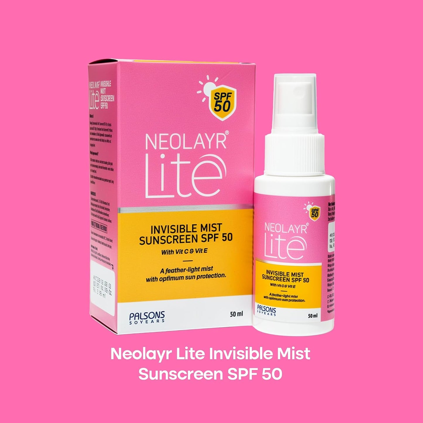 NEOLAYR Lite Invisible Mist Sunscreen SPF 50 | Weightless Spray with Vitamin C & E | Broad Spectrum UVA/UVB Protection | Hydrating & Refreshing