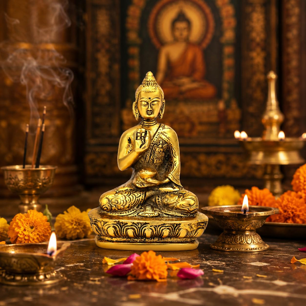 CraftVatika Lord Buddha Idol Statue showpiece for Spiritual & Festive Decor Gift | Metal Figure for Living Bed Room Table Top Diwali Decoration Items & Gifting, Gold