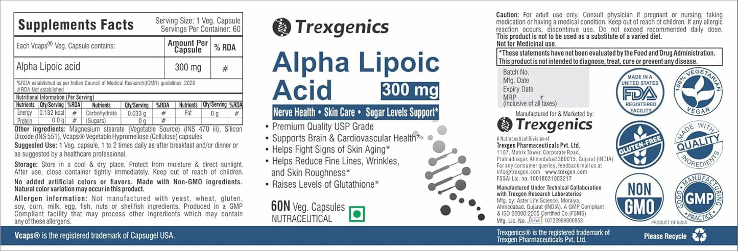 Trexgenics ALPHA LIPOIC ACID 300 mg Glucose metabolism, Liver, Skin, Brain, Nervous System Health Support VEGAN & NON-GMO (60 VCaps) (Pack of 1)