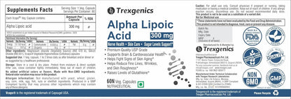 Trexgenics ALPHA LIPOIC ACID 300 mg Glucose metabolism, Liver, Skin, Brain, Nervous System Health Support VEGAN & NON-GMO (60 VCaps) (Pack of 1)