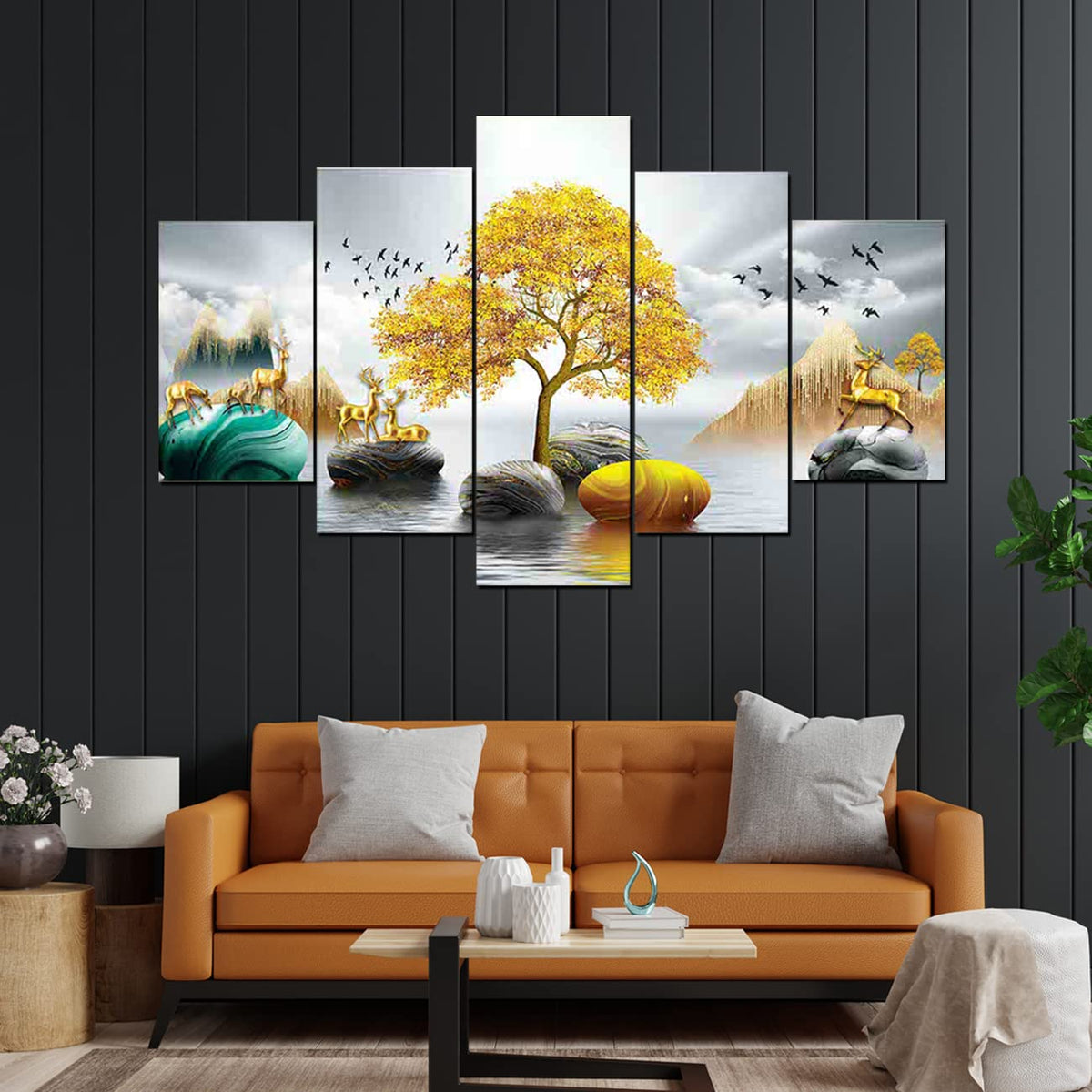 perpetual Tree of Life | Painting for Wall Decoration | 3D Wall Scenery for Living Room |Scenery for Wall With Frames set of 5 (75x43 Cm) D3(Multi)