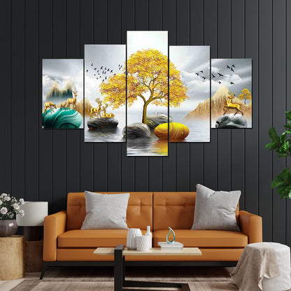 perpetual Tree of Life | Painting for Wall Decoration | 3D Wall Scenery for Living Room |Scenery for Wall With Frames set of 5 (75x43 Cm) D3(Multi)