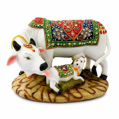 Decorative Marble Dust Cow & Calf Showpiece, Handicraft Gift Item, Resin Cow_Idol Statue (Regular Quality)