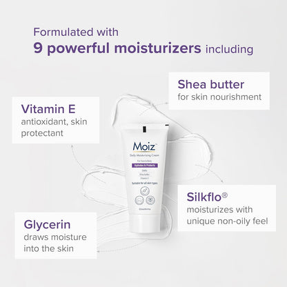 Moiz Daily Moisturizing Cream for Face & Body | Formulated with 9 Moisturizers | Suitable for Sensitive Skin | Paraben free & Cruelty free-50g