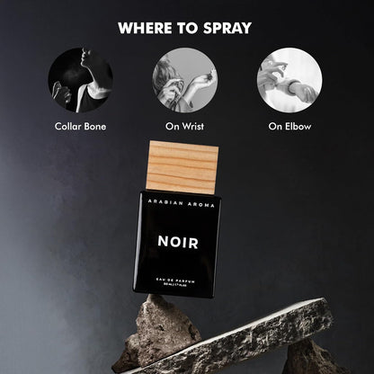 Perfume bottle labeled 'Noir' by Arabian Aroma with application instructions on a dark background.