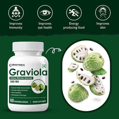 Biotrex Nutraceuticals Graviola 500mg | Supports Immune Health | High In Vitamin C | Antioxidant & Antimicrobial | Eye & Digestive Health | 60 Veg Capsules