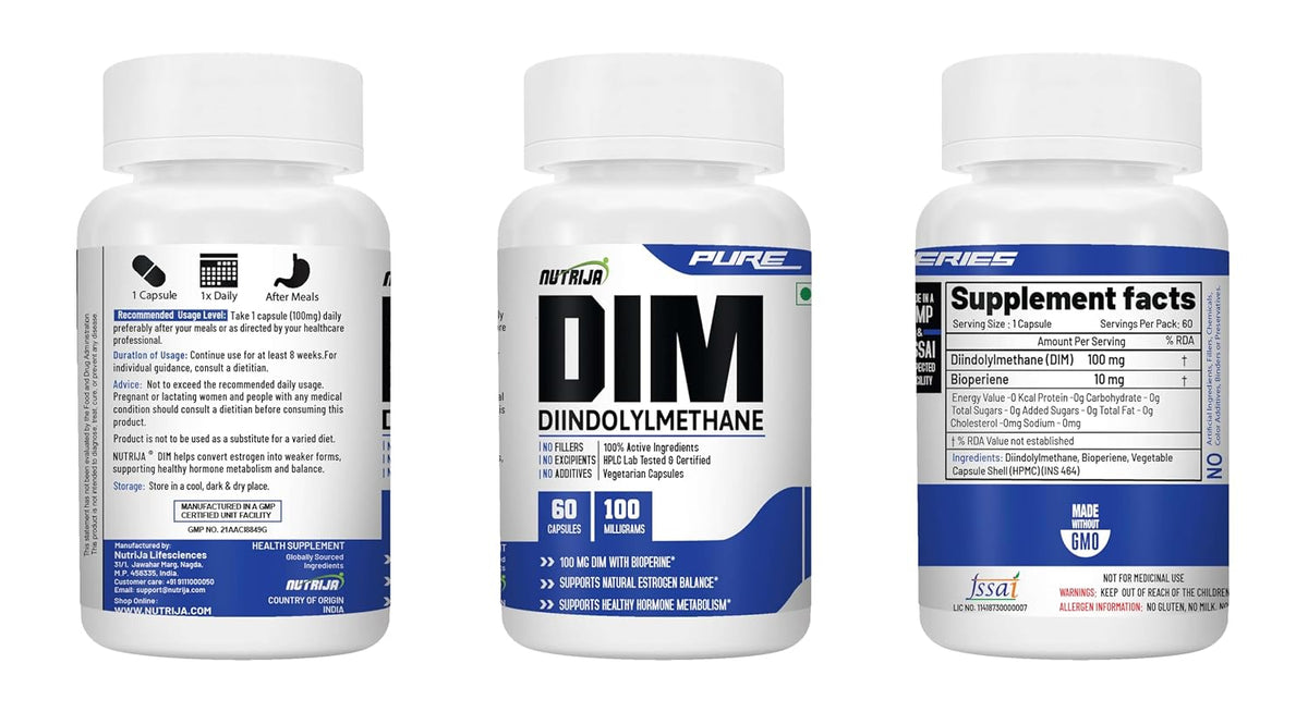 NutriJa Pure DIM 100mg with BioPerine - 60 Veg Capsules | High Potency Estrogen Metabolism Support & Natural Hormone Balance | No Fillers | No Excipients | No Additives