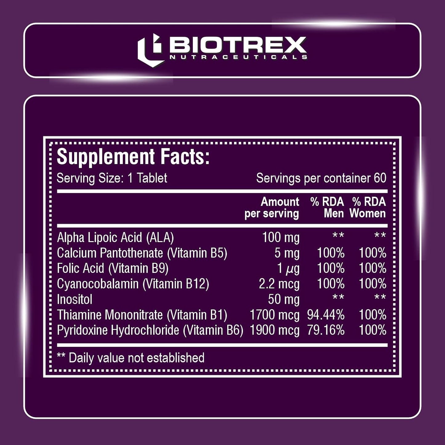 Biotrex Nutraceuticals Vitamin B12 With B1, B5, B6, B9(Folic Acid), Alpha Lipoic Acid ALA & Inositol Supplements | Energy Management | Antioxidant | 60 Tablets