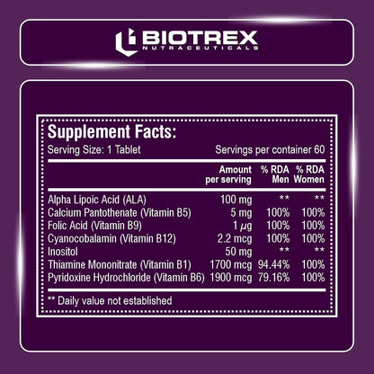 Biotrex Nutraceuticals Vitamin B12 With B1, B5, B6, B9(Folic Acid), Alpha Lipoic Acid ALA & Inositol Supplements | Energy Management | Antioxidant | 60 Tablets