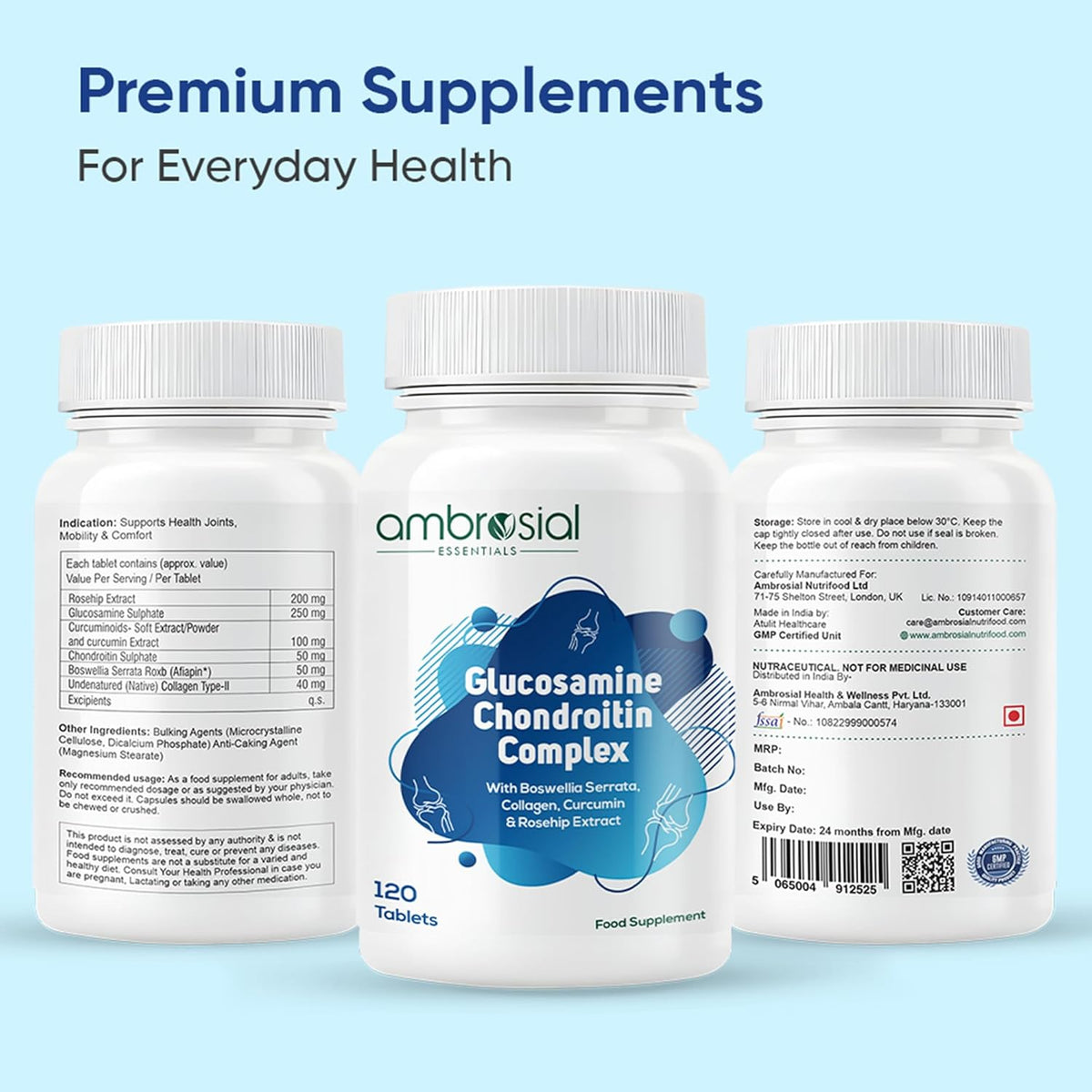 Three bottles of ambrosial Glucosamine Chondroitin Complex on a light blue background