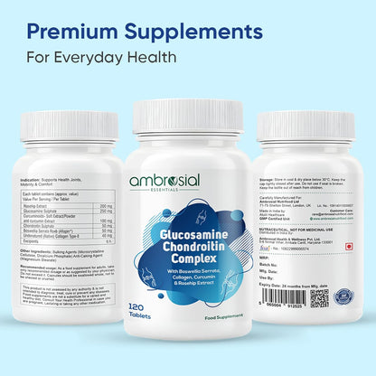 Three bottles of ambrosial Glucosamine Chondroitin Complex on a light blue background