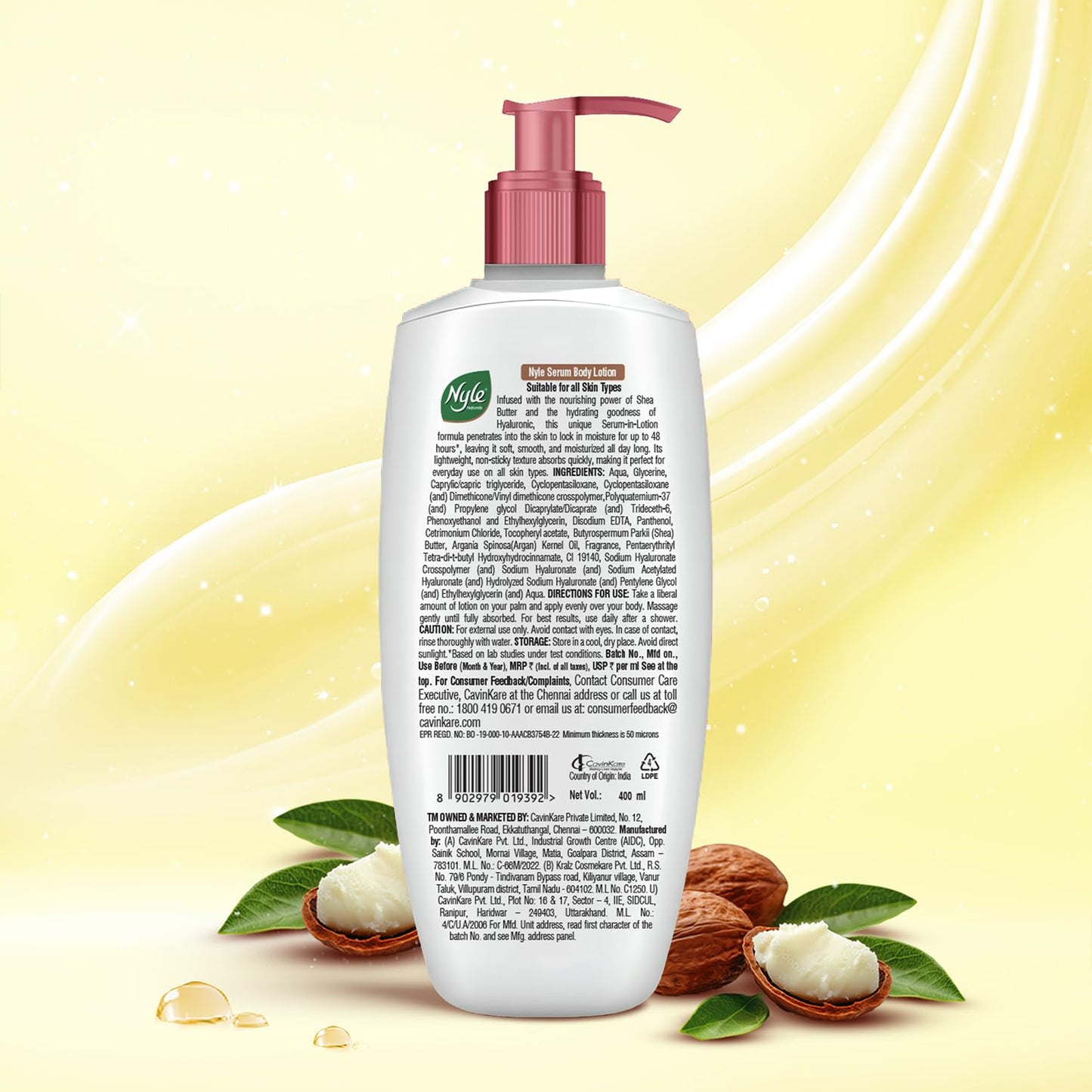 Nyle Serum Body Lotion for All Skin Types | Shea Butter + Hyaluronic + Vitamin B5 | Lightweight, Non-Sticky | 48H Moisturization | Deep Nourish & Soft Skin | 400ml