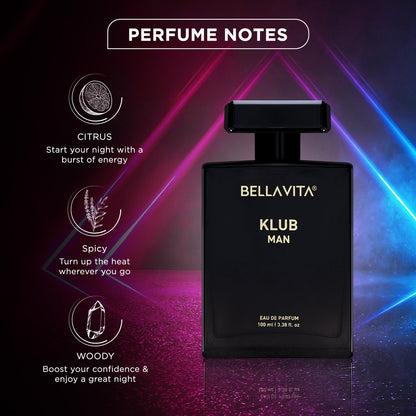Black Bellavita Klub Man perfume bottle with colorful light effects on a dark background