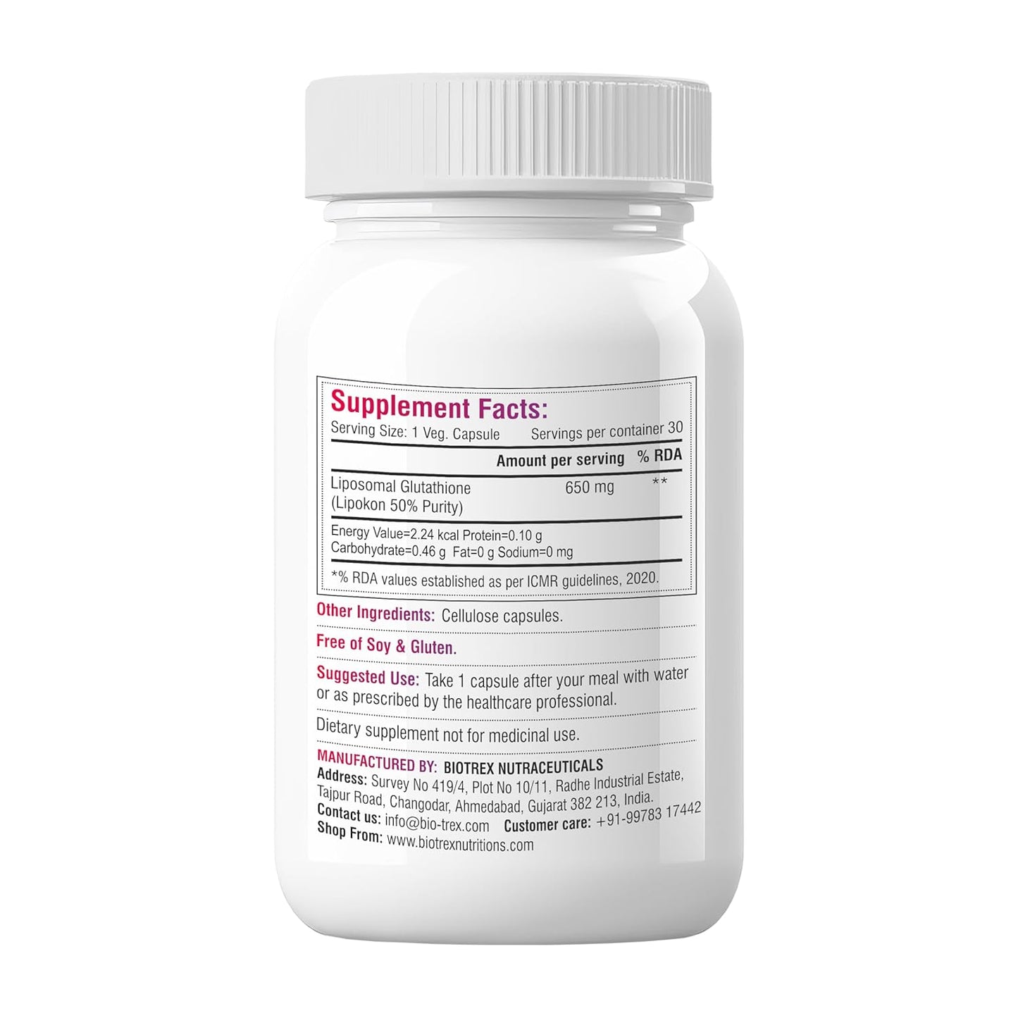 Biotrex Nutraceuticals Liposomal Glutathione Supports Healthy Skin Health, High Purity 50% Lipokon Form - 30 Veg Capsules