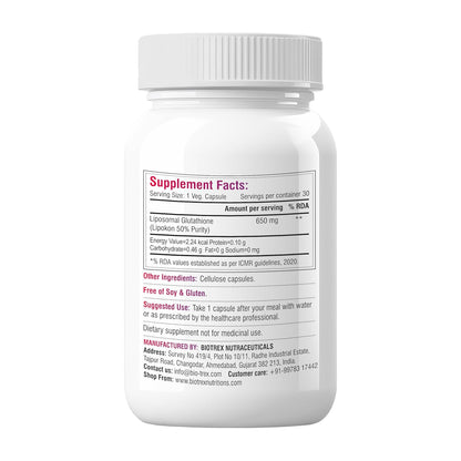 Biotrex Nutraceuticals Liposomal Glutathione Supports Healthy Skin Health, High Purity 50% Lipokon Form - 30 Veg Capsules