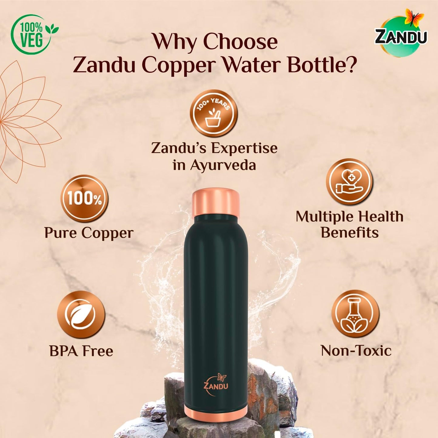 Zandu copper water bottle with health benefits on a beige background