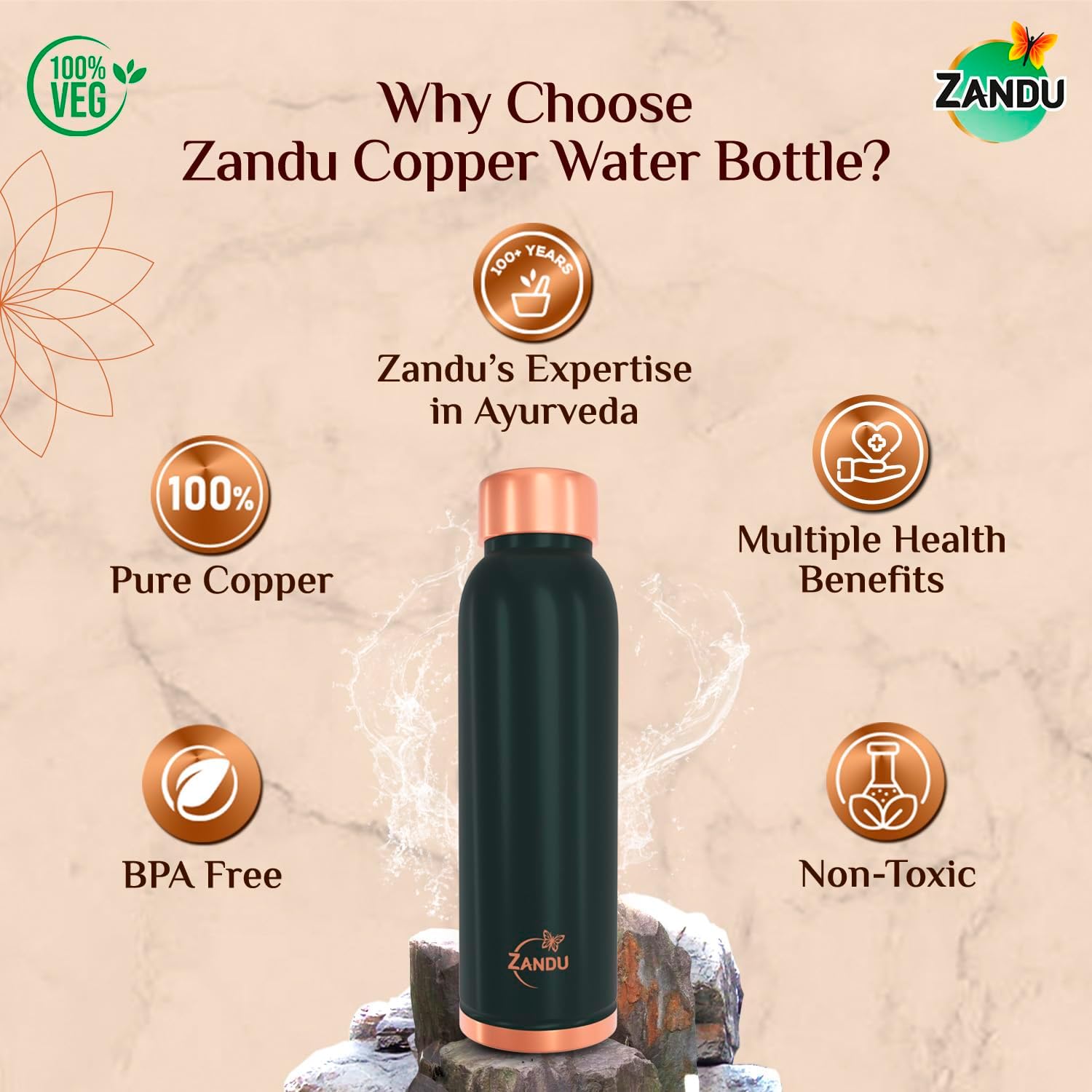 Zandu copper water bottle with health benefits on a beige background