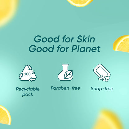 Product packaging with icons and text indicating 'Good for Skin, Good for Planet' on a light blue background with lemon slices.