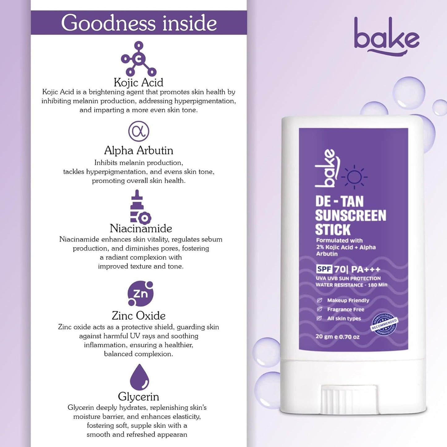 BAKE De-Tan Water Resistant Sunscreen Stick SPF 70 PA++++ with 2% Kojic Acid & Alpha Arbutin | Lightweight, No White Cast | For All Skin Types | For Pigmentation & Dark Spots - 20g
