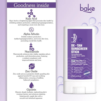BAKE De-Tan Water Resistant Sunscreen Stick SPF 70 PA++++ with 2% Kojic Acid & Alpha Arbutin | Lightweight, No White Cast | For All Skin Types | For Pigmentation & Dark Spots - 20g