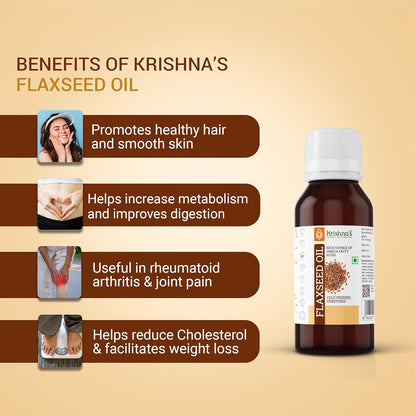 Krishna's Flaxseed Oil (50 ml) | Virgin Cold Pressed Flex seed oil | Rich in Omega 3-6-9 | Made in Kachi Ghani | No Added Preservatives