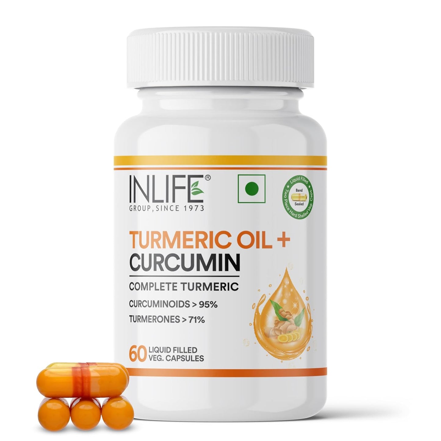 INLIFE Curcumin Capsules with Turmeric Oil | 71% Turmerones & 95% Curcuminoids | Supercritical CO₂ Extracted Oil Supplement | Immune Support & Joint Health – 60 Liquid Filled Vegetarian Capsules