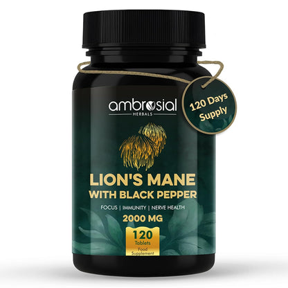 Supplement bottle labeled 'Lion's Mane with Black Pepper' by ambrosial Herbals on a white background
