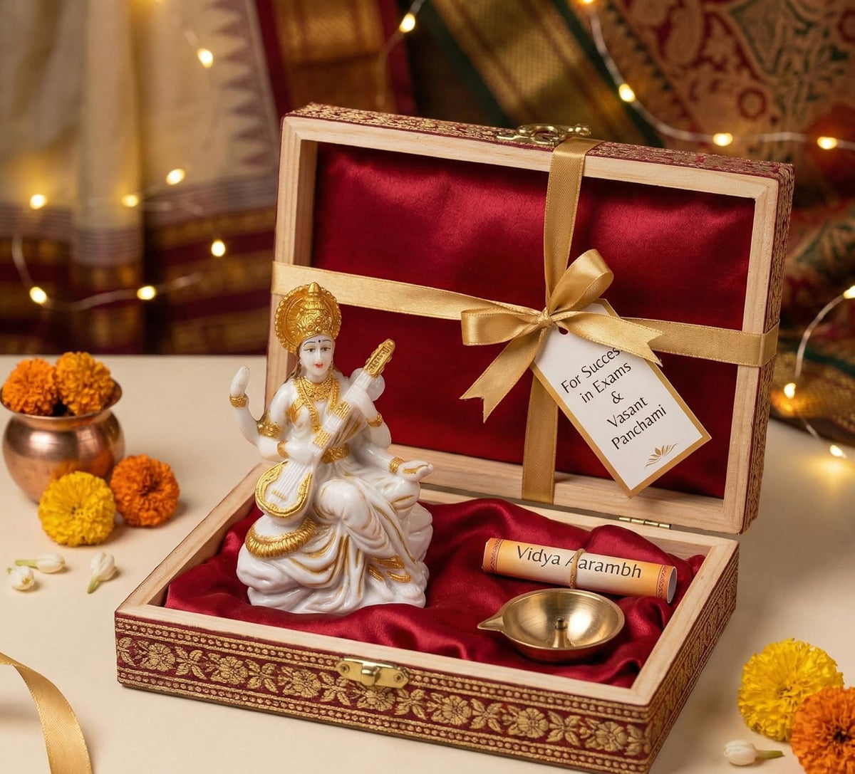 Mini Handcrafted Saraswati maa Idol (3 Inch) – White & Gold Finish Resin Murti with Veena for Home Mandir, Study Desk Décor & Spiritual Gift
