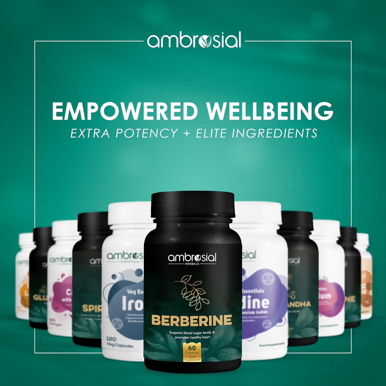 Ambrosial supplement bottles with a focus on Berberine on a teal background