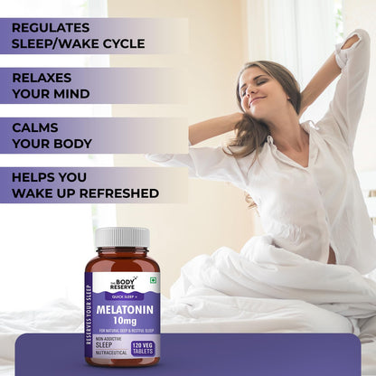 Woman stretching in bed with a bottle of Body Reserve Melatonin 10mg tablets.