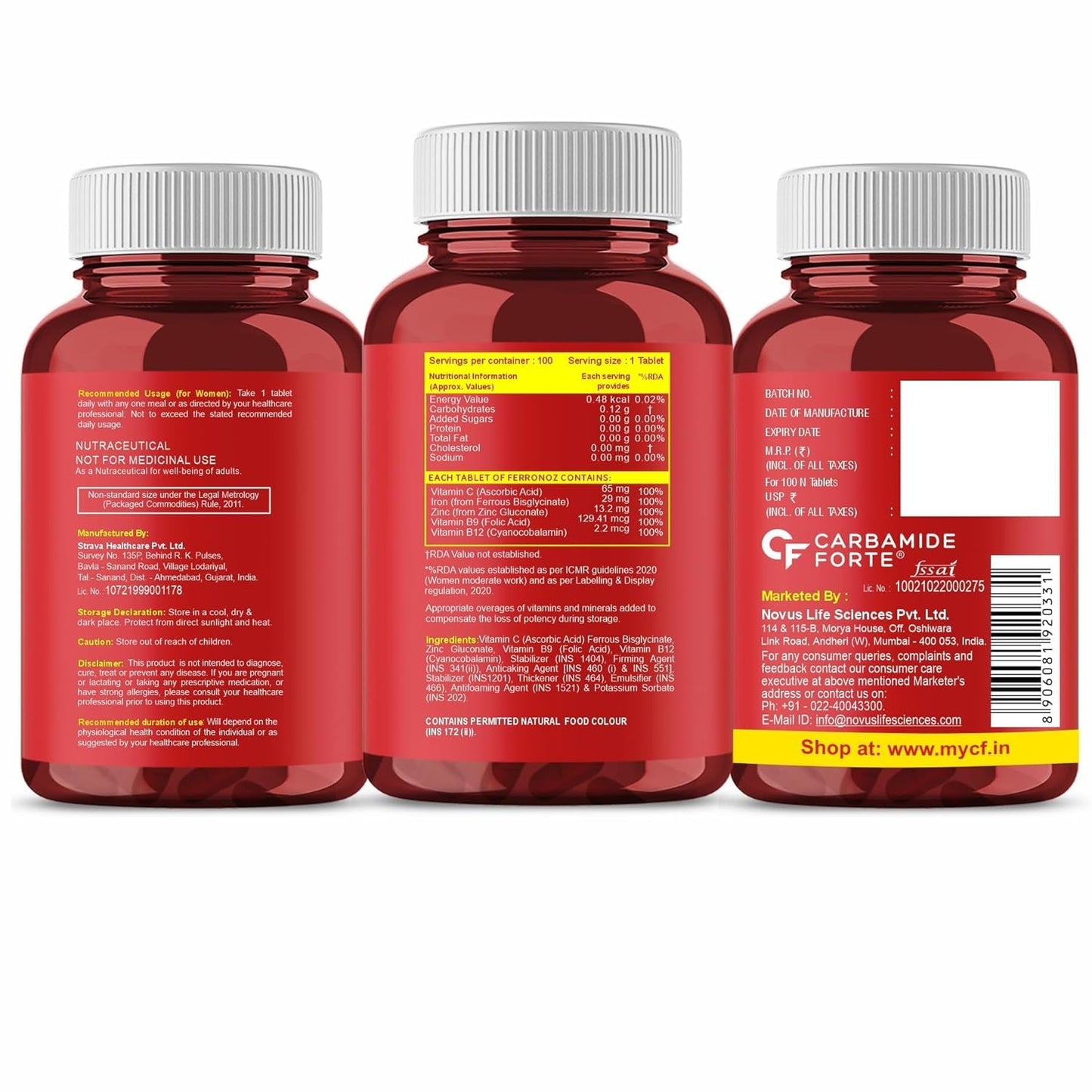 Carbamide Forte Chelated Iron Supplement for Women and Men | Folic Acid Tablets for Pregnancy | Hemoglobin Booster | 100 Veg Tablets for Hair Growth with Iron Bisglycinate