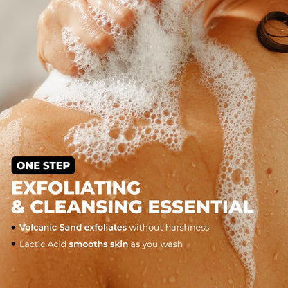 Person with soap suds on skin and text about exfoliating and cleansing essential.