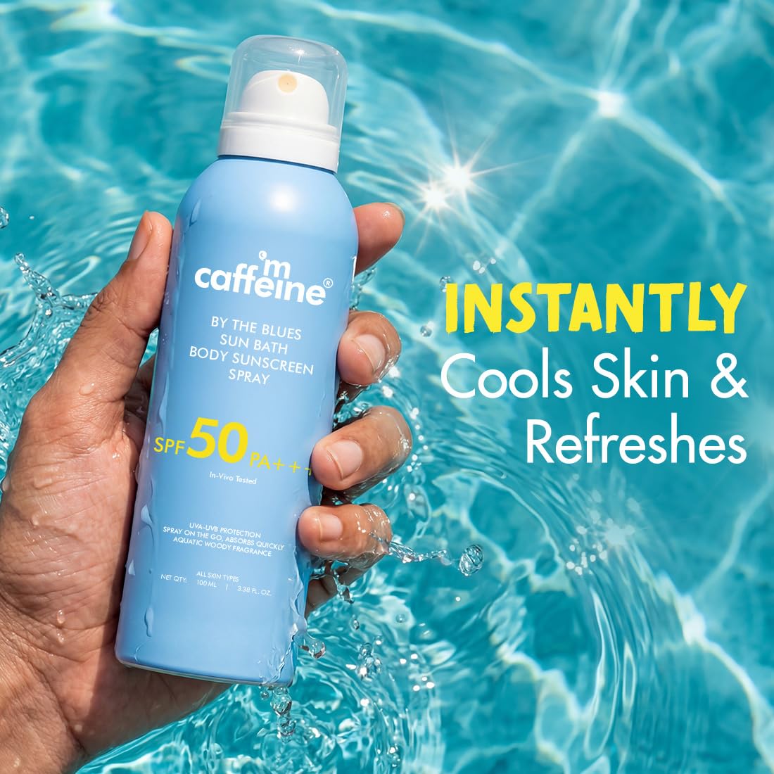 mCaffeine Sun Bath Body Sunscreen Spray SPF 50 PA +++ | In-vivo Tested | UVA & UVB Protection, Invisible, Non-Greasy | Water & Sweat Resistant Spray | By The Blues - Aquatic Woody Fragrance - 100ml