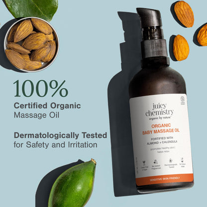 Juicy Chemistry Organic Baby Massage Oil with Almond + Calendula, 100 ml | Moisturises & Nourishes Skin | Soft & Smooth Skin | Dermatologically Tested | Certified Organic | Non-Toxic & Safe for Newborns