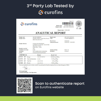 Eurofins analytical report with a QR code for authentication on a dark blue background.