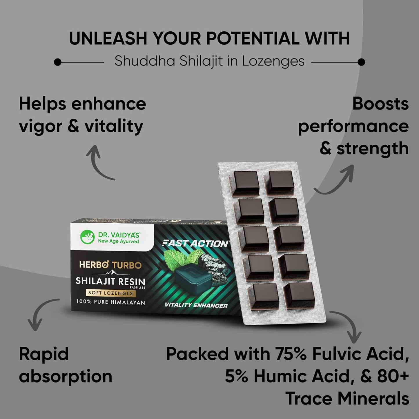 Dr. Vaidya’s Herbo24Turbo Shilajit Gummies Lozenges (Pastilles) | Helps Boost Performance | Helps Improve Strength, Stamina, and Energy Levels | Pure Himalayan Shilajit | No Added Sugar |30 Lozenges(Mint Flavour)(Pack of 1)